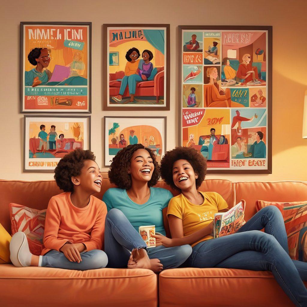 A cozy living room with a mom and her kids on a couch, laughing together while watching TV. The TV screen shows a variety of vibrant and diverse TV show posters, from heartwarming family scenes to hilarious comedy moments. Accentuate the joy and comfort in the room, with soft lighting and warm colors. illustration. vibrant colors.