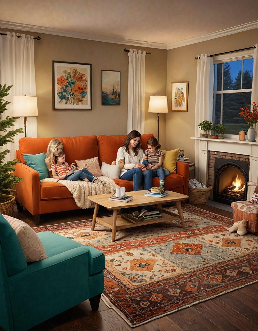 A cozy living room scene with a mother and her children sitting comfortably on a couch, watching a TV together. The TV screen depicts a whimsical animation of a family-friendly show. The room is well-lit with warm lighting, soft pillows, and a plush rug, creating a welcoming, family-oriented atmosphere. Vibrant colors with a hint of nostalgia. super-realistic. 