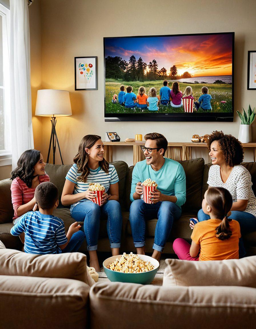 A joyful family sitting on a cozy couch with a mom at the center, surrounded by kids holding popcorn and a remote control, as they all eagerly watch a colorful TV screen. The living room should have warm lighting, playful decor, and a variety of family-friendly posters on the wall. super-realistic. vibrant colors. cozy atmosphere.